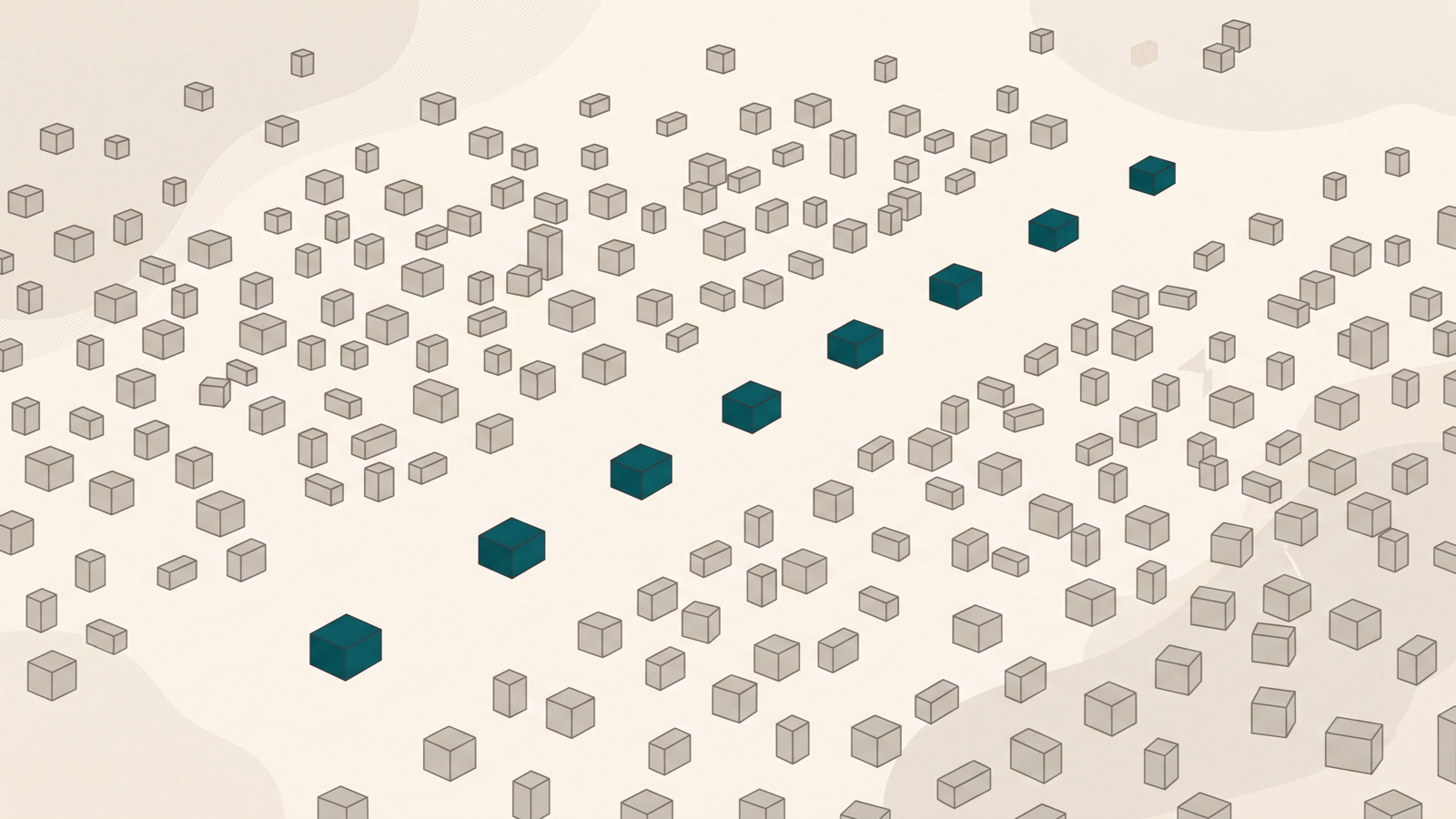 A wide field of identical grey blocks with a small line of teal blocks forming a deliberate path forward