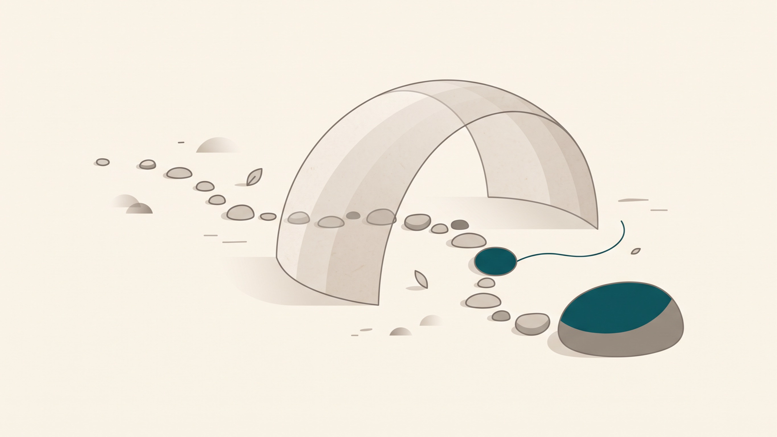 A path of stepping stones passing under a soft protective arch toward a teal node that hands off to a larger, steady form